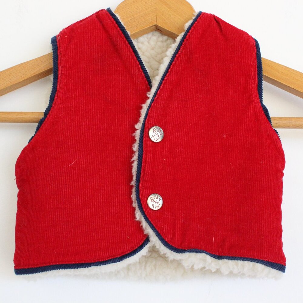 Vtg Billy The Kid Corduroy Vest Snap Front Faux Sherpa Lined Western Red 12 Mo